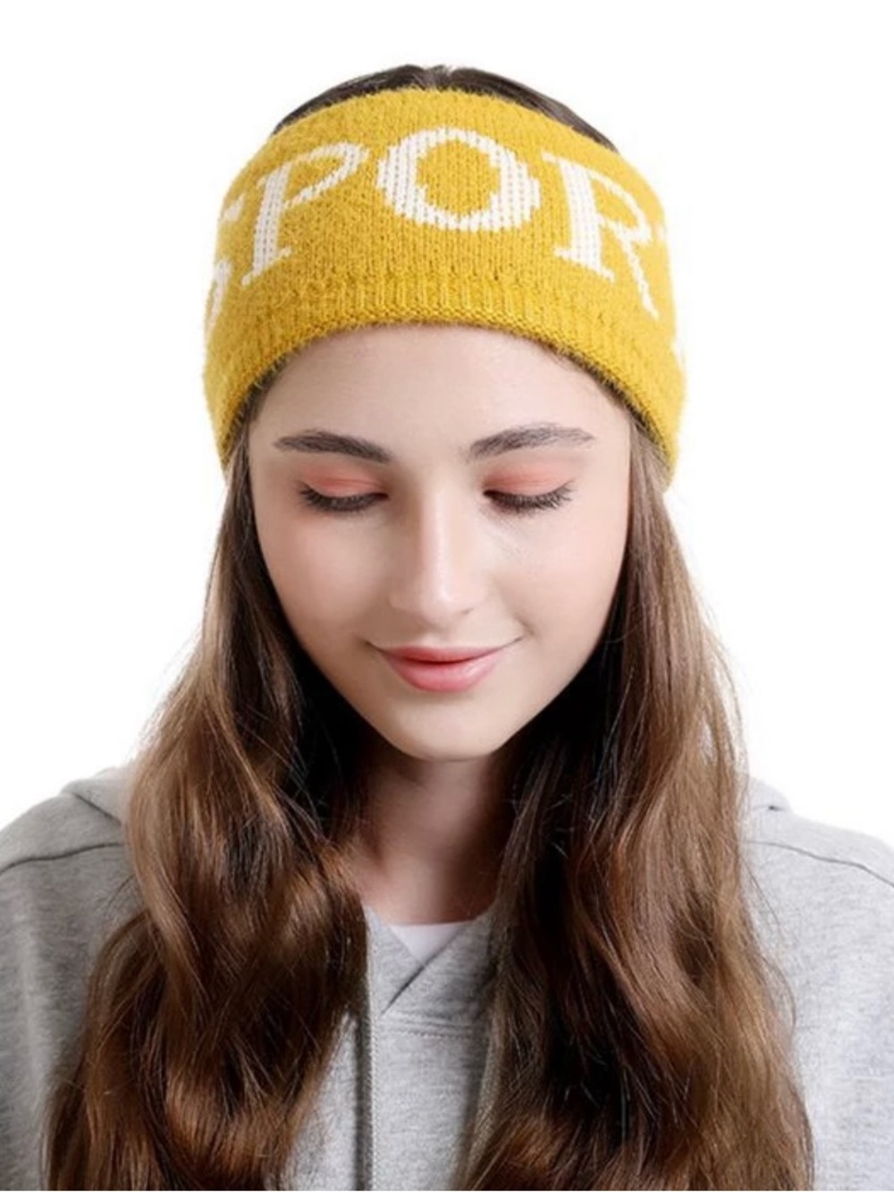 Yellow Knit Headband with White Lettering